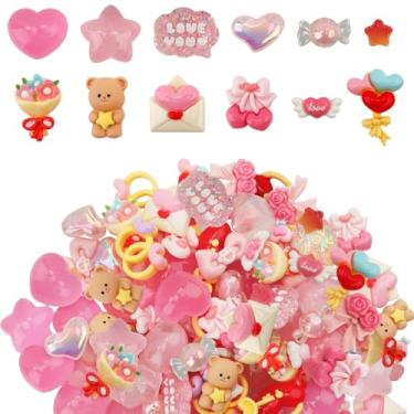 Imagem de 130 peças de enfeites de resina de dia dos namorados, Kalolary Valentine resina flatback miniatura coração urso enfeites enfeites kawaii amor artesanato decoração para artesanato scrapbook capa de