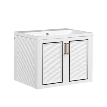 Imagem de CuisinSmart Banheiro flutuante de 60,96 cm, pequena penteadeira de banheiro com pia montagem na parede penteadeiras de banheiro pia flutuante banheiro com duas portas de obturador branco 24X18X17in