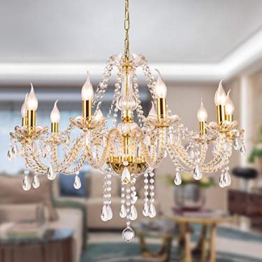 Imagem de JYXindzkj Lustre de Cristal de Vela Luxuoso de Cor Dourada, 10 Luzes Lustre de Cristal Moderno K9 para Sala de Jantar, Luminária Pendente de Teto de Vidro para Sala de Estar Iluminação Hall Varanda (1