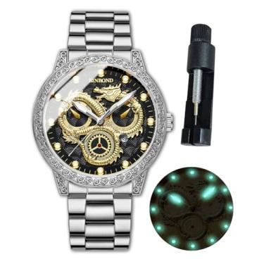 Imagem de BINBOND Relógios masculinos de dragão dourado, de aço inoxidável, luxuoso, para negócios, mostrador grande, data, relógio de pulso masculino, à prova d'água, luminoso, Prateado, preto, relógios