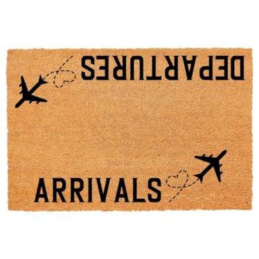 Imagem de Capacho de coco engraçado chegadas e partidas avião coração porta da frente tapete externo com decoração de pátio resistente tapetes de boas-vindas aquecedor de casa tapete de entrada tapete de coco