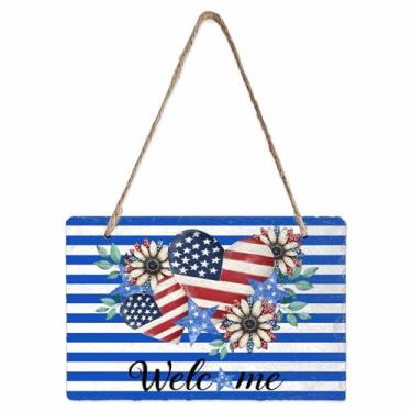 Imagem de EwdeWwo Placa para pendurar na parede com listras azuis - Memorial Day Love Heart Star Daisy ardósia placas para pendurar na porta da frente, varanda, janela, quinta, jardim, 13 x 20 cm, decoração de