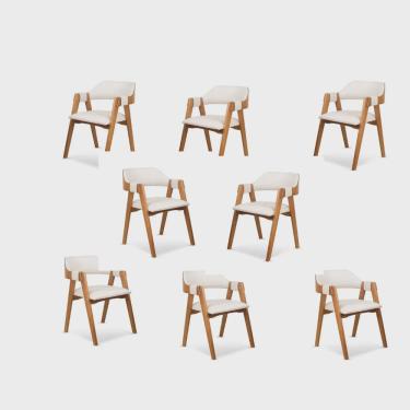 Imagem de Kit 8 Cadeiras de Madeira Maciça Linho Encosto Anatômico com Apoio no Braço Dalia Branco