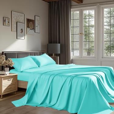 Imagem de REDASW Jogo de lençol 100% algodão egípcio, tamanho casal, 4 peças, 1200 fios, 40,6 cm, lençol com elástico profundo, macio, respirável, todas as estações (casal, verde lago)