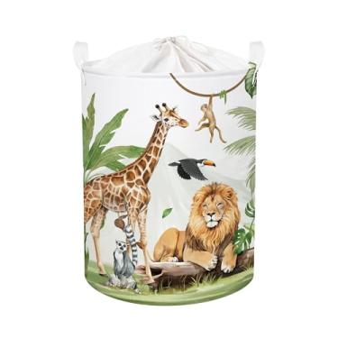 Imagem de HUUMONSS Safari Animals cesto de roupa suja dobrável para crianças cesta de armazenamento girafa leão grande meninos meninas caixa de brinquedo para berçário, macaco, 63L