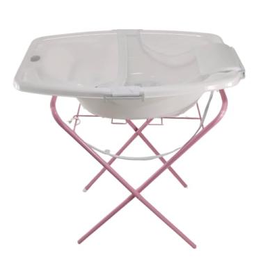 Imagem de BANHEIRA PARA BEBÊ 25 LITROS COM VÁLVULA SUPORTE E REDE ROSA AZUL BRANCA (Branco + Suporte Rosa)