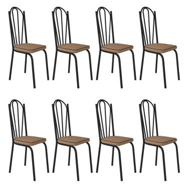 Imagem de Kit 8 Cadeiras De Cozinha Alabama Estampado Rattan Bege Pés De Ferro Preto