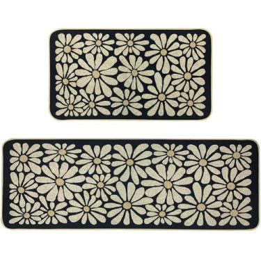 Imagem de SHIYUE Conjunto de 2 tapetes pretos de cozinha, flores boho, tapetes de cozinha modernos, tapetes de borracha laváveis antiderrapantes, acessórios de decoração de cozinha (43 x 119 cm + 43 x 76 cm)