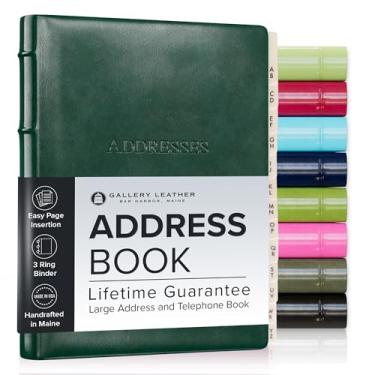 Imagem de Gallery Leather Livro de endereços grande com abas alfabéticas de até 480 registros, capa dura para caderno de couro, telefone e listas de endereços - 23 x 17 cm, endereço de mesa, verde Acadia