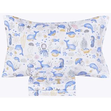 Imagem de Scientific Sleep Jogo de lençol solteiro com animais marinhos, baleia, polvo, água-viva, fofo, divertido, 100% algodão, aconchegante, lençol de cima, lençol com elástico e fronha natural (baleia azul