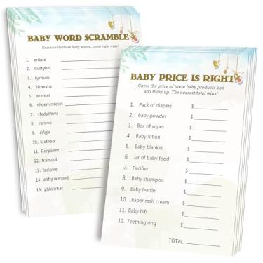 Imagem de OLOUTAB Jogos de chá de bebê para meninos ou meninas - 2 jogos (50 de cada), jogo de corrida de palavras para chá de bebê e o preço é certo, dupla face, divertido, divertido e fácil de jogar, gênero