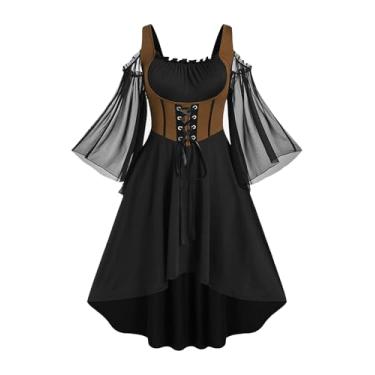 Imagem de Rosegal feminino plus size punk ombro vazado mangas flare laço alto baixo linha midi vestido gótico renascentista vestido espartilho (café_1/5X)