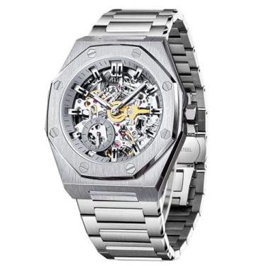 Imagem de OLEVS Relógio masculino automático, aço inoxidável, esqueleto, mecânico, calendário, data, luxuoso, clássico, negócios, à prova d'água, luminoso, Prata--6669