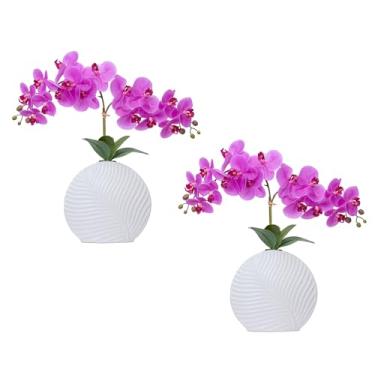 Imagem de Arranjo de orquídea roxa de 48 cm em vaso de cerâmica branca estilo folha - pacote com 2