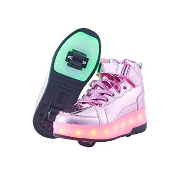 Imagem de PYYIQI Tênis leve de LED para skate com rodinhas para meninos e meninas, tênis para uso ao ar livre, para crianças, presente, Rosa - 1, 19