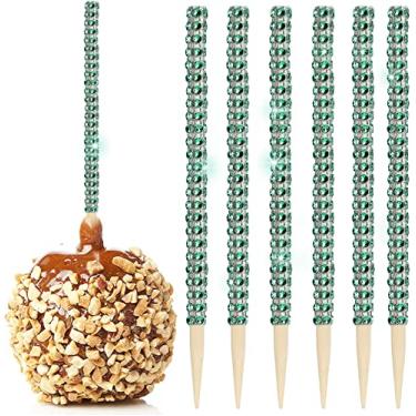 Imagem de 32 peças de palitos de bambu de maçã brilhante, espetos de madeira de maçã de caramelo com envoltório de malha de diamante de strass, barra decorativa para bolo para mesa de sobremesa, chá, aniversário, casamento, bufê