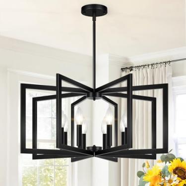 Imagem de Lustre preto grande moderno de 71 cm para sala de jantar (8 luzes, 71 polegadas), luminária geométrica preta para sala de jantar, luminária suspensa de metal industrial para ilha de cozinha, entrada