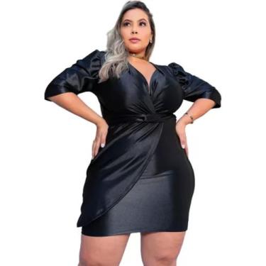 Imagem de Vestido Plus Size Decotado Preto Manga Luxo - JOSY MODAS, Preto, G2
