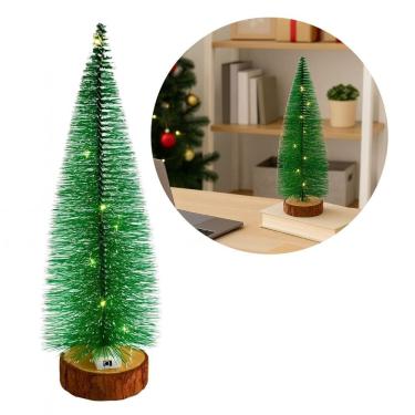 Imagem de Árvore Mini Pinheiro Nevado Decorativo 25cm Iluminado LED Sequencial Base Tronco Natural