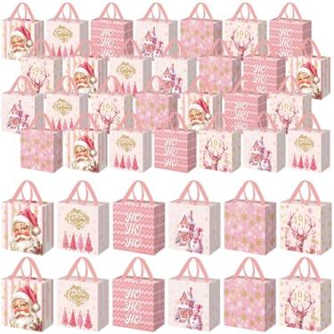 Imagem de Wesnoy 48 peças de sacos de presente de Natal com alças rosa não tecido sacos de presente de Natal reutilizável para embrulho de presentes suprimentos de lembrancinhas de festa de Natal, 29 x 27 x 11