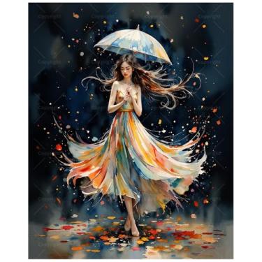 Imagem de Kit de pintura de guarda-chuva para meninas por números para adultos - DIY mulher em vestido colorido pintura em tela 40,6 x 61 cm, conjunto de tinta acrílica, adequado para iniciantes, arte para