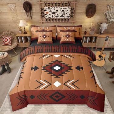 Imagem de Jogo de cama king size ocidental asteca ocidental, conjunto de lençol Navajo nativo americano para meninos adultos e homens, conjunto de edredom geométrico do sudoeste, cama étnica nativa americana em