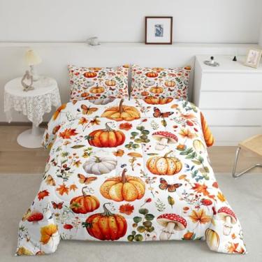 Imagem de Feelyou Jogo de cama solteiro para meninas, meninos, crianças, Halloween, abóbora, outono, decoração de quarto, flores fofas, folhas de bordo, conjunto de edredom branco, amarelo e laranja