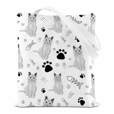 Imagem de Sacola caprichosa de espinha de peixe, bolsa de ombro reutilizável de lona de mercearia para compras, férias, trabalho, bolsa de praia portátil de grande capacidade, presente para amantes de gatos