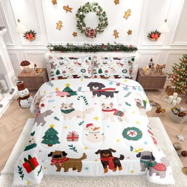 Imagem de Erosebridal Conjunto de edredom casal de desenho animado de Feliz Natal, árvore de Natal, boneco de neve, filhote de pug, animal de estimação, com 2 fronhas