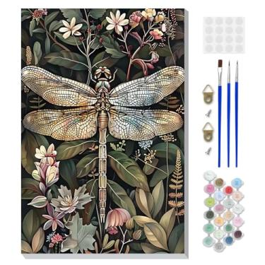 Imagem de DOMROM Kit de pintura animal por números para adultos iniciantes com cavalete de madeira, kit de pintura de libélula por número em tela, kit de pintura a óleo DIY para decoração de parede de casa