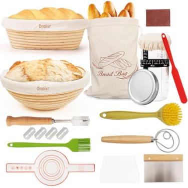 Imagem de Dnoivr Kit de pão de fermentação – cestas Banneton de 22,8 cm e 25,4 cm, potes de vidro para pão de fermentação, lame, raspador de massa, estilingue de silicone – Conjunto para iniciantes (conjunto 1)