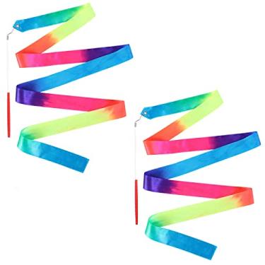 Imagem de 2 fitas de dança arco-íris, fita de dança de ginástica de 199 cm com bastão para lembrancinhas de aniversário de treinamento de dança artística