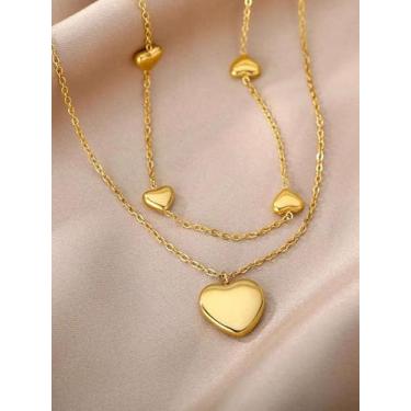 Imagem de Colar de corrente de clavícula de coração de camada dupla para mulheres, hipoalergênico, banhado a ouro, gargantilha, colar, casamento, noiva, joias, acessórios, presente de Dia dos Namorados e Dia