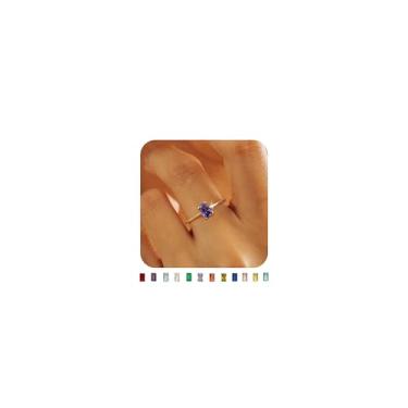 Imagem de KAERUN Anéis de pedra do mês de nascimento de ouro para mulheres, não manchados, delicados, banhados a ouro 14K, anéis empilháveis, CZ esmeralda, baguete, para mãe, filha, aniversário, joias feitas à