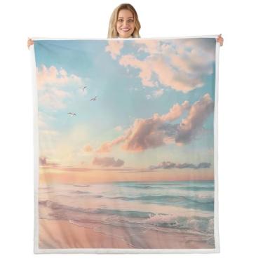 Imagem de jejeloiu Cobertor Queen de lã com tema de praia, 228,6 cm x 228,6 cm, cobertor infantil de lã de ovelha de verão e ondas do oceano, felpudo, para meninos e meninas, mar, mar, litoral, cenário natural