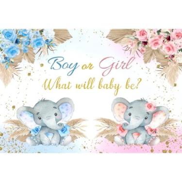 Imagem de Vie Savaran Pano de fundo revelador de gênero azul rosa floral azul bebê elefantes folhas verdes fundo minimalista festa de aniversário chá de bebê recém-nascido foto adereços poliéster