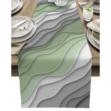 Imagem de Caminho de mesa abstrato ombré, linha ondulada, caminhos de mesa de linho de algodão 177 cm de comprimento, verde sálvia, cinza, arte geométrica, cómoda, cachecol para cozinha, café, jantar, sofá