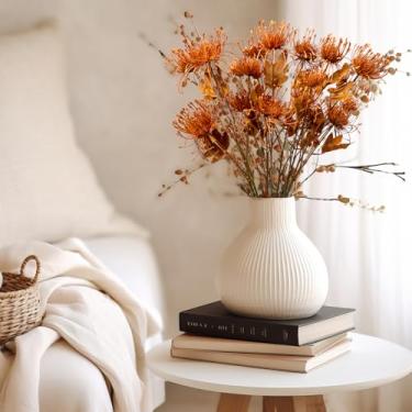 Imagem de OBDXZHC 6 peças, flores artificiais laranjas, 59,9 cm, crisântemo falso com 18 cabeças, aranha, mãe, flor, haste longa, almofada de outono para casa, casamento, dia de Ação de Graças, centro de mesa