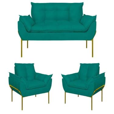 Imagem de Kit 2 Poltronas + Namoradeira Pé Metal Dourado Recepção Sala Azul Turquesa