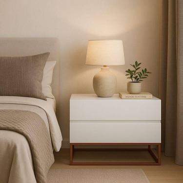 Imagem de Mesa De Cabeceira Retrô Alto Padrão Com 2 Gavetas Base Cobre Branco