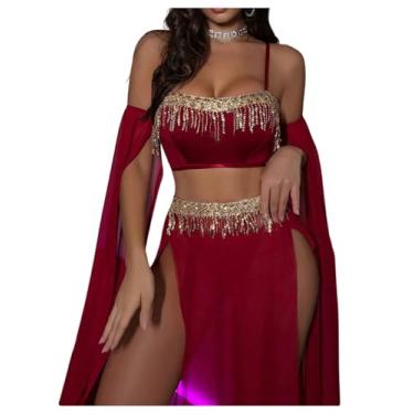 Imagem de WDIRARA Conjunto de lingerie feminina de 3 peças de fantasia de marinheiro cosplay listrado com shorts, Borgonha, M