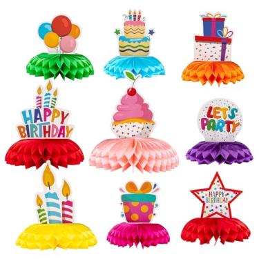Imagem de Conjunto de decoração de festa de feliz aniversário. Kit de centro de centro de favo de mel colorido com tema de aniversário de 9 peças. Decorações de mesa de aniversário. Decoração de mesa de festa