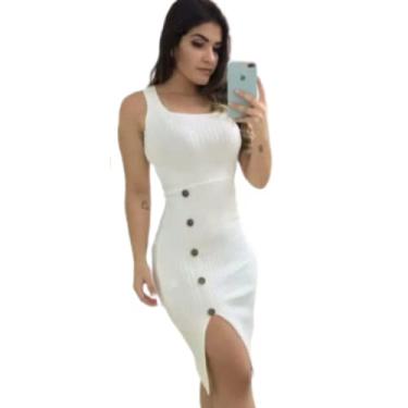 Imagem de Vestido Midi Canelado Regata Detalhes Botões Saia Com Fenda Cor:Branco;Tamanho:P