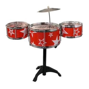 Imagem de Bateria Jazz Infantil com 3 Tambores e Par de Baquetas, Vermelha, Material PP e Papel, Inclui Prato, 700g