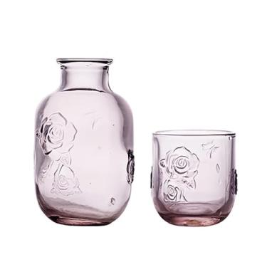 Imagem de Jarra de cabeceira com tampa de copo de bebida, conjunto de copos de vidro transparente de 440 ml e 150 ml para quarto, jarra noturna e jarra de vidro de água fria (rosa)