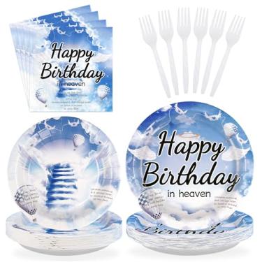 Imagem de 96 peças de artigos de festa de feliz aniversário no céu, pratos e guardanapos de lembrança de funeral, descartáveis, para decoração de festa de aniversário de condolências, serve 24