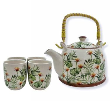 Imagem de Jogo de Chá com Bule de Porcelana 900ml com Infusor e 4 Copos 150ml | Kit Café Tokyo 30a(Folhas Verdes)