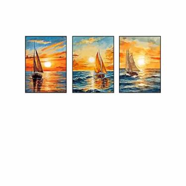 Imagem de PHWWDSUQA 3 peças de arte de parede de veleiro ao pôr do sol, impressão em tela de paisagem oceânica, pintura colorida de paisagem marítima, textura para sala de estar, quarto, decoração de escritório