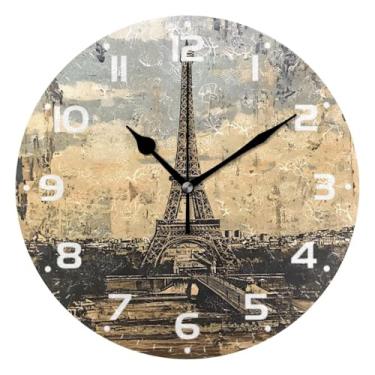 Imagem de JUZIHAI Relógio de parede vintage da Torre Eiffel, silencioso, sem tique-taque, redondo, operado por bateria, fácil de ler, relógio decorativo de parede para casa, cozinha, sala de estar, quarto