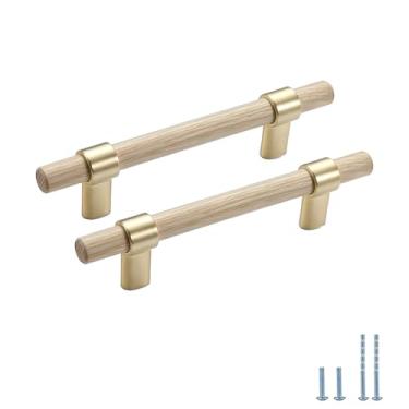 Imagem de Evionlin 2 peças 9,6 cm ouro cinza madeira cilíndrica longa nogueira liga de zinco puxadores de gaveta de armário de cozinha puxadores de gaveta